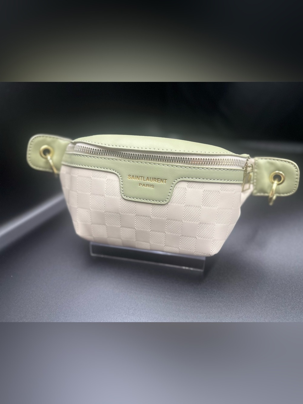 Cream and Mint Leather-Trim Belt Bag